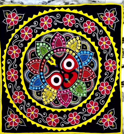 SHREE JAGANNATH MULTI COLOR DECORATED CHANDUA (MAROON / BLACK / RED BACKGROUND) A ODISHA HANDICRAFT APPLIQUE