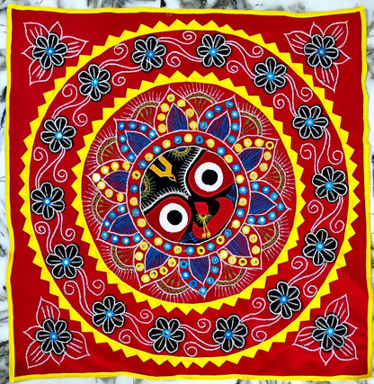 SHREE JAGANNATH MULTI COLOR DECORATED CHANDUA (MAROON / BLACK / RED BACKGROUND) A ODISHA HANDICRAFT APPLIQUE