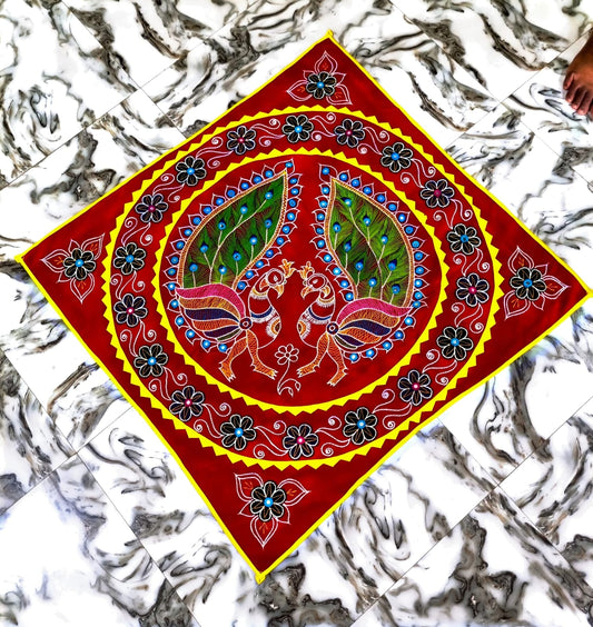 PEACOCK MULTI COLOR DECORATED CHANDUA ( RED / BLACK / MAROON BACKGROUND)