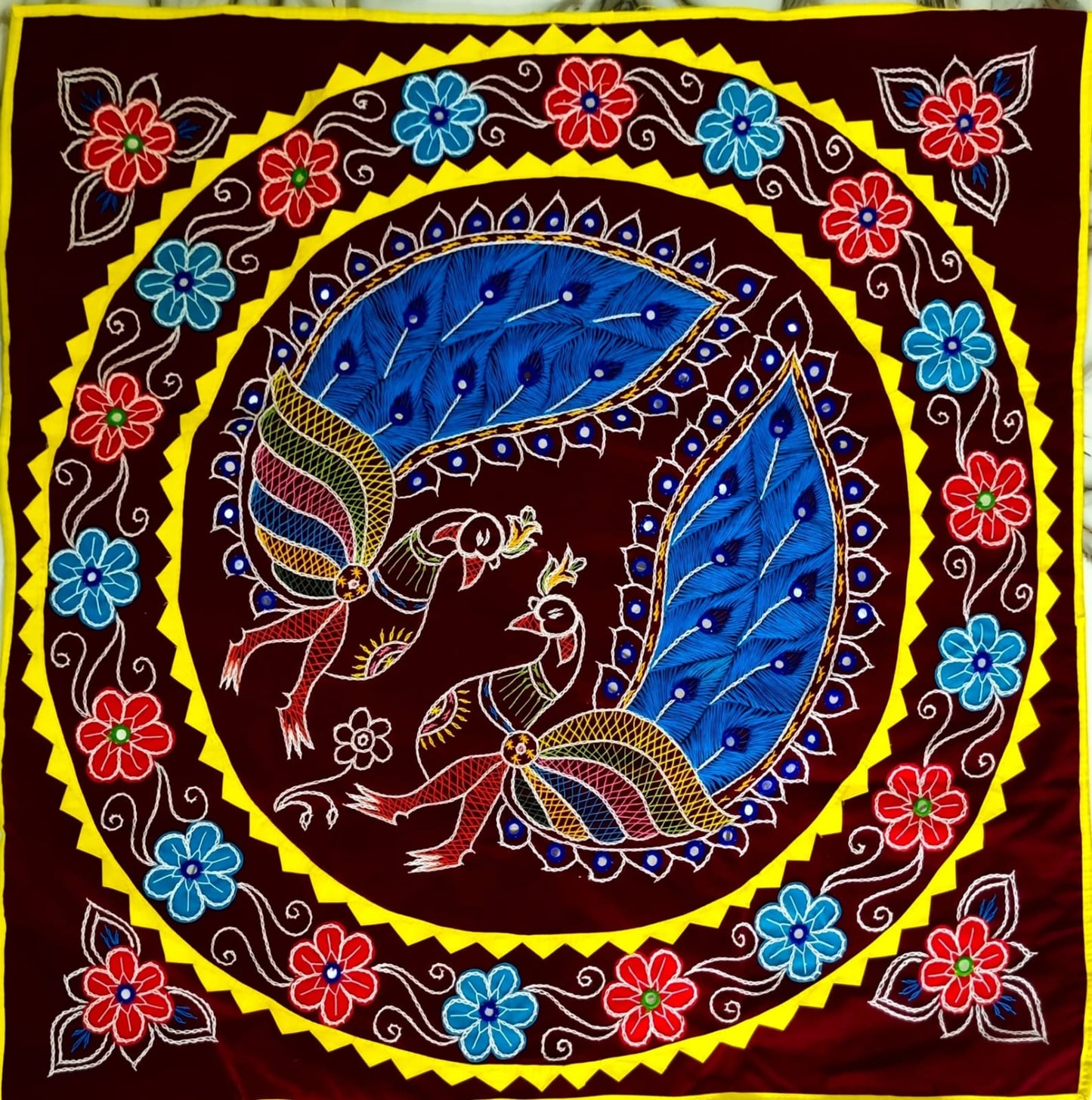 PEACOCK MULTI COLOR DECORATED CHANDUA ( RED / BLACK / MAROON BACKGROUND)