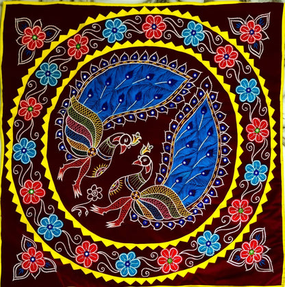 PEACOCK MULTI COLOR DECORATED CHANDUA ( RED / BLACK / MAROON BACKGROUND)