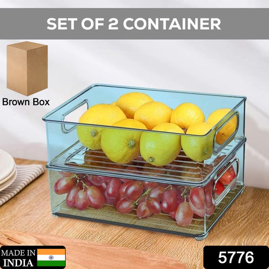 5776 Plastic Refrigerator Organizer Bins Set Of 2 Stackable Fridge Organizers With Handle Clear Organizing Food Fruit Vegetables Pantry Storage Bins For Freezer Kitchen Cabinet Organization And Storage (2 Pcs Set Mix Color)