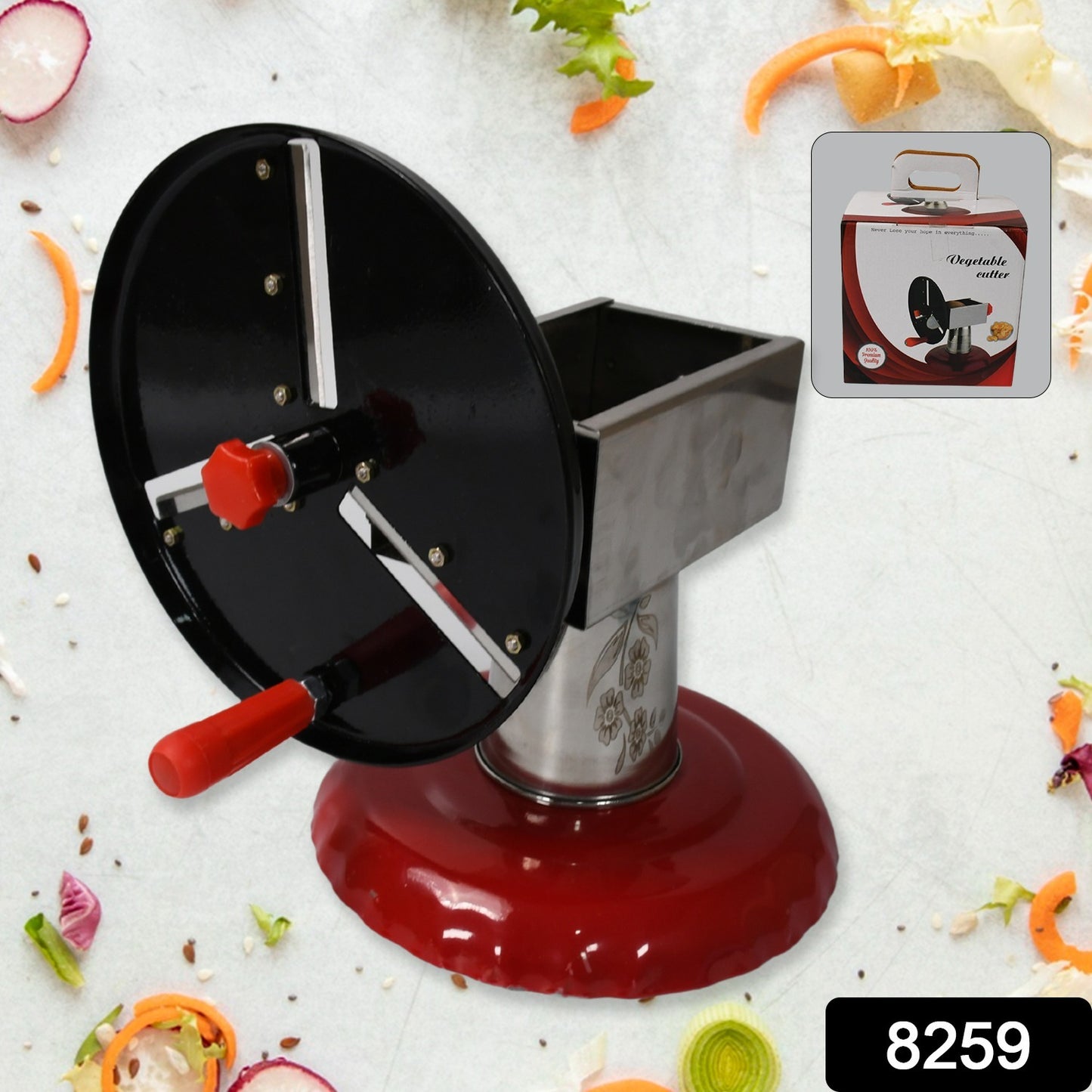 8259 Stainless Steel Chips Maker And Vegetable Slicer For Kitchen Potato Slicer Graters And Chippers. Chips Maker Is Suitable For Vegetable Cuttings. Chips Maker Consist Hard Coated Iron Wheel And Stand.