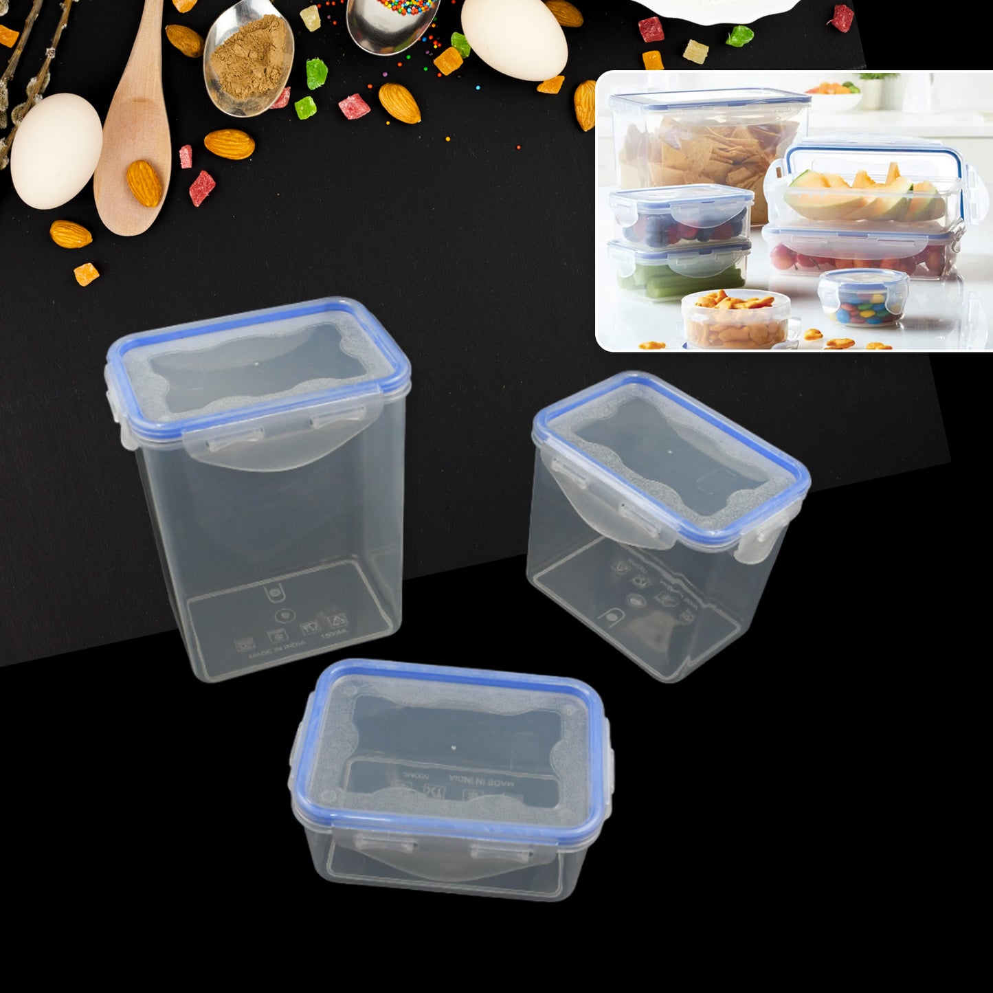 5496  Kitchen Storage Container Set With Food Grade Plastic And Air Seal Lock Lid For Storage Of Grocery Spices Dry Fruits Use For Home Office Restaurant Canteens (3 Piece Set)