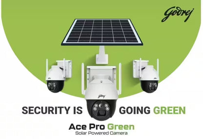 Godrej Ace Pro Green 4MP IP66 PTZ Solar Sim CCTV Camera with 4G Support, Human Detection, 2 Way Talk, Works with Alexa & Battery Backup of 36 hrs