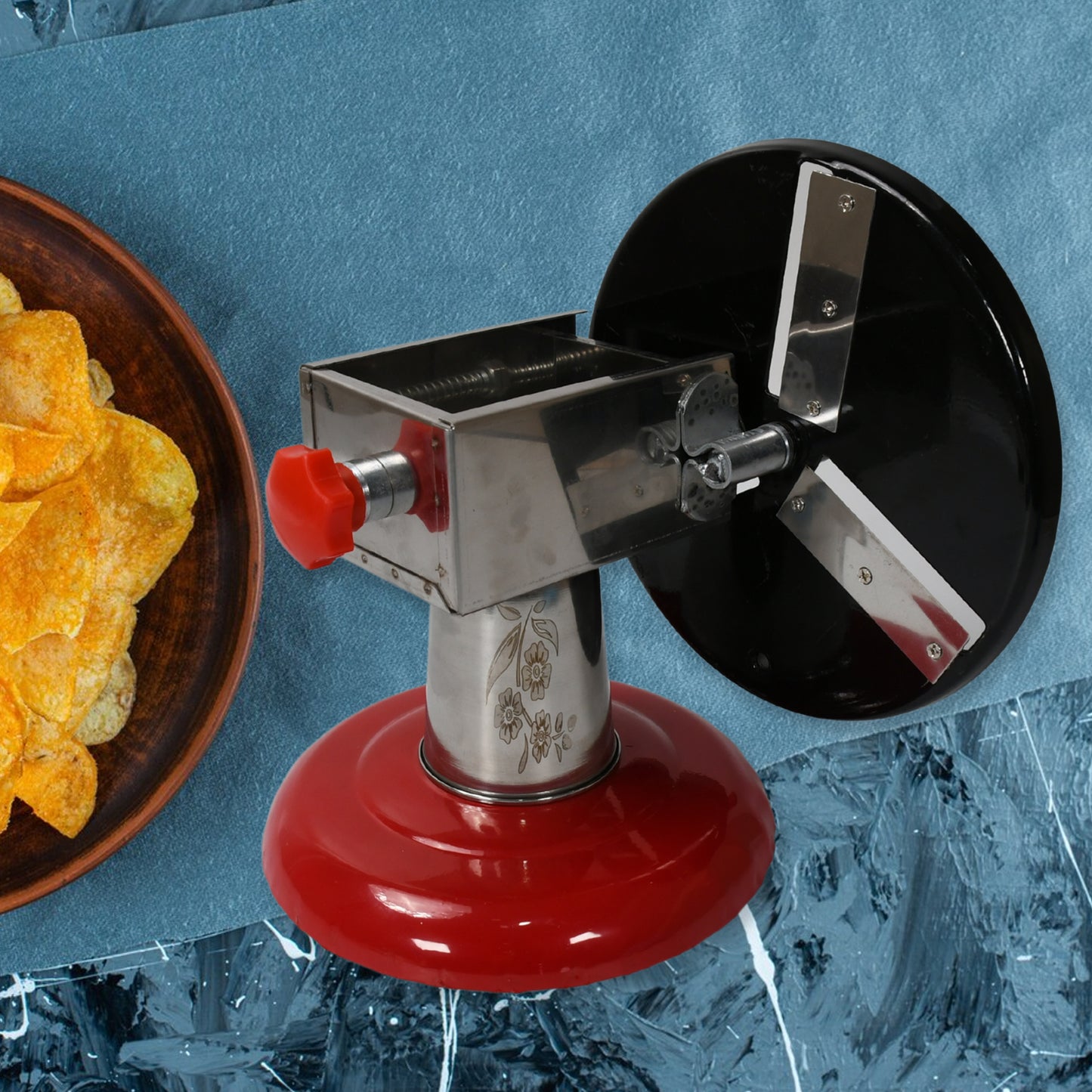 8259 Stainless Steel Chips Maker And Vegetable Slicer For Kitchen Potato Slicer Graters And Chippers. Chips Maker Is Suitable For Vegetable Cuttings. Chips Maker Consist Hard Coated Iron Wheel And Stand.