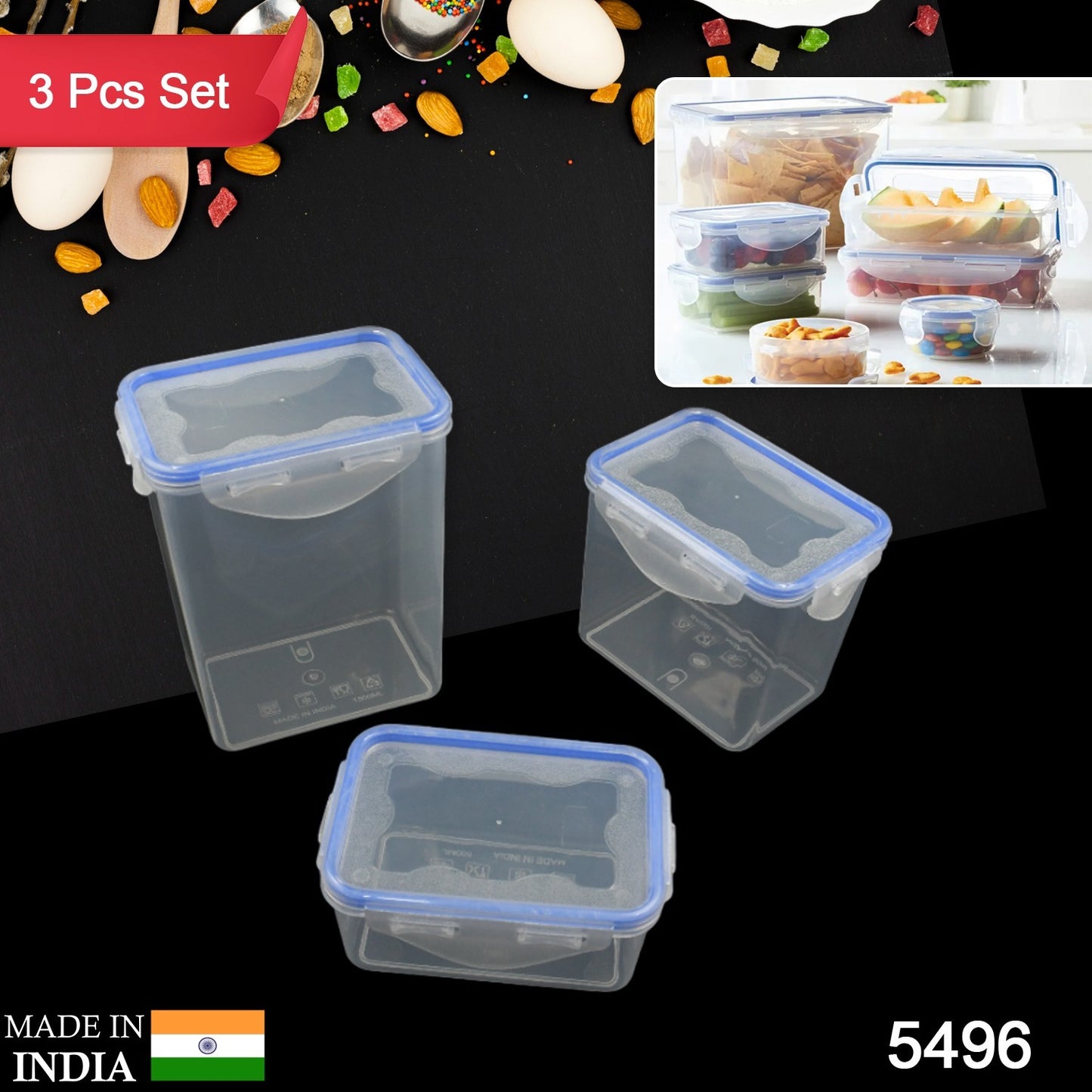 5496  Kitchen Storage Container Set With Food Grade Plastic And Air Seal Lock Lid For Storage Of Grocery Spices Dry Fruits Use For Home Office Restaurant Canteens (3 Piece Set)