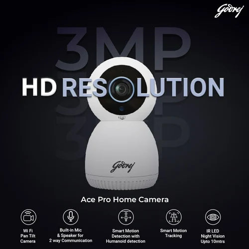 Godrej ACE PRO 3MP Wifi, 2 Way Audio, Smart Motion Tracking, Humanoid Detection, Alarm System Home Camera